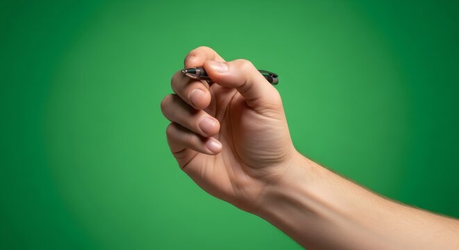 Man hand holding pen isolated on green screen. Writing or drawing object for chroma key effect. Arm gesture concept.