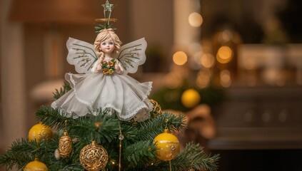 Fototapeta premium Christmas angel atop a decorated tree, interior celebration with yellow ornaments, festive spirit