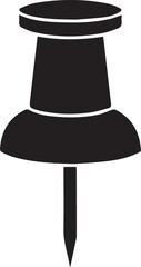 A stark black silhouette of a classic pushpin or thumbtack with a sharp pointed metal pin and a wide flat head on a clean white background