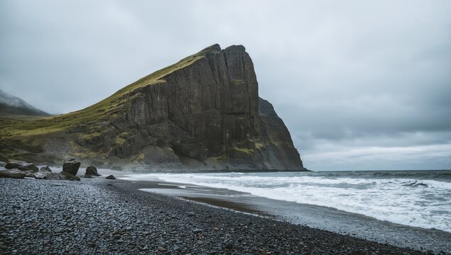 Massive cliff rock formation along a coastal shoreline, erosion risk