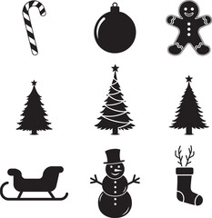 Collection of nine festive black and white christmas icons including a candy cane ornament gingerbread man three trees sleigh snowman and stocking