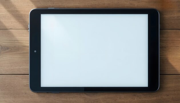 Modern tablet with blank screen rests on a warm wooden surface, perfect for showcasing digital content and creative designs. - Powered by Adobe