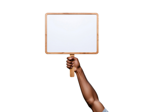 Hand holding a blank protest sign isolated on transparent background