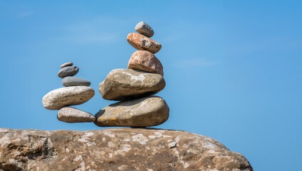 Balanced stones atop a boulder, illustrating the concept of equilibrium and stability