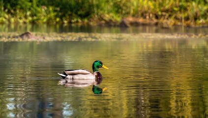 Mallard gliding serenely on the water, reflection and tranquility