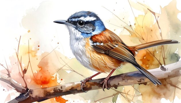 Watercolor painting of a small songbird perched on a branch, set against a blurred autumn background