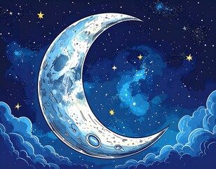 Cartoon illustration of a crescent moon in a starry night sky with clouds