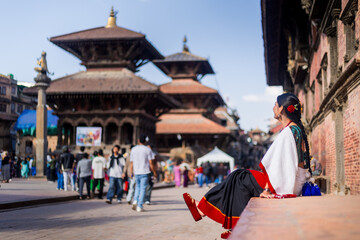 Nepali Newari Girl in Traditional Attire Gracefully Posing for Photoshoot at Patan Durbar Square