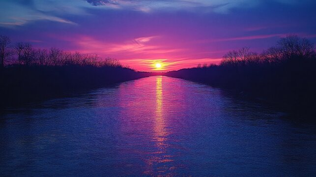 A river reflects a vibrant sunset with purple, pink, and orange hues; trees frame the water's edge