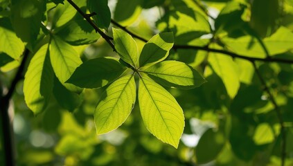 Obraz premium Green leaves illuminated by morning sunlight, natural texture for editorial header background