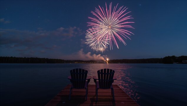 Fireworks illuminate the night sky above a tranquil lake, providing a vibrant backdrop for relaxation, Canada Day