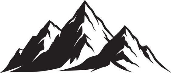 Striking black and white silhouette of rugged mountain peaks with sharp dramatic ridges and snowy accents against a clean white background