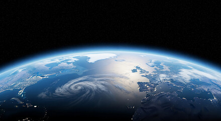 Fototapeta premium Breathtaking orbital view of Planet Earth at night, with a massive hurricane swirling over the ocean and illuminated city lights on continents