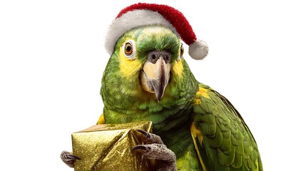 amazon parrot wearing Santa hat with gift box isolated on white background 