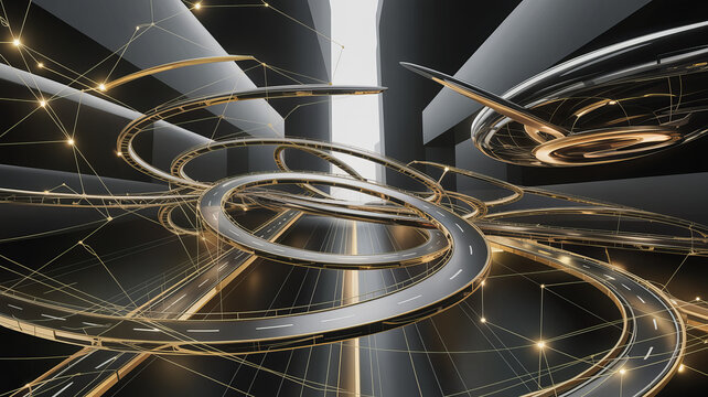 Futuristic interconnected pathways spiral through a sleek, modern cityscape symbolizing innovation, global connectivity, and dynamic growth opportunities.