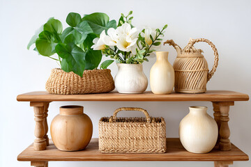 Elegant natural decor with woven baskets and ceramic vases on wooden shelves