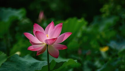 Obraz premium A vibrant pink lotus flower blossoms in a lush garden, emphasizing the beauty of nature during summer