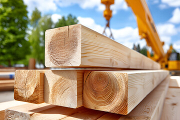 Construction site with stacked timber beams and crane under blue sky