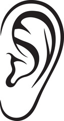 Stylized black outline illustration of a human ear showing detailed inner structures and curves against a white background