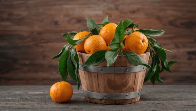 Fresh tangerines with leaves collected in a bucket, showcasing a seasonal harvest