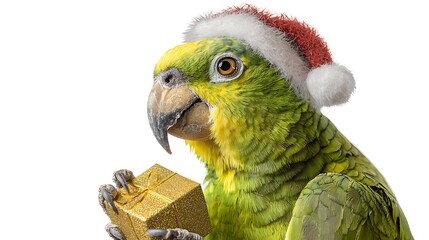 amazon parrot wearing Santa hat with gift box isolated on white background 