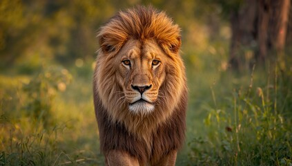 Obraz premium Male lion with a majestic mane, observing its surroundings, showcasing natural vigilance