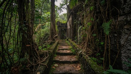 Obraz premium A deserted walkway enveloped by lush plants, highlighting seasonal change