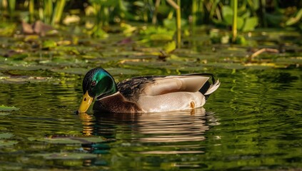 Obraz premium Female Mallard enjoying a bath and drinking in a pond, focus on wildlife behavior