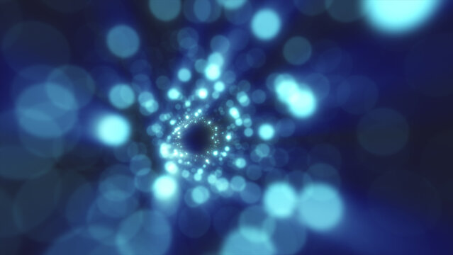 Futuristic glowing tunnel of blue light particles forming an abstract infinite vortex with depth and motion