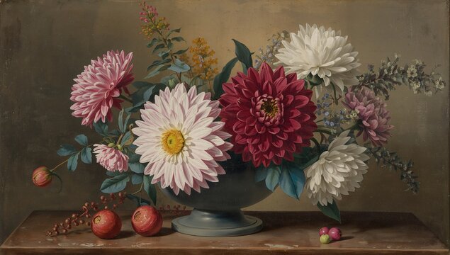 Oil on canvas still life featuring vibrant dahlias in a gray vase, showcasing a classic floral aesthetic
