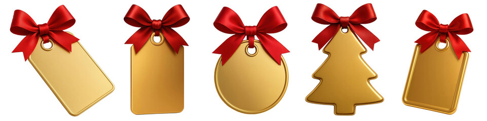 PNG Golden Tag with Red Bow Set — Festive Holiday Label Set on Transparent Background