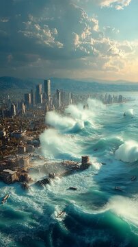 Massive tidal wave crashing into coastal city skyline, a dramatic climate disaster or apocalypse scene