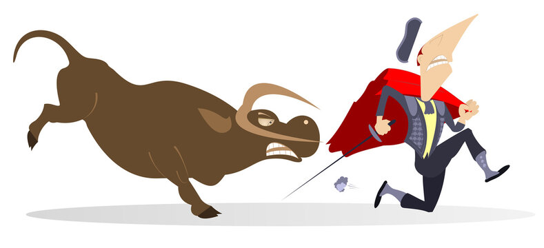  Angry bull chasing a frightened bullfighter with a sword and matador cape