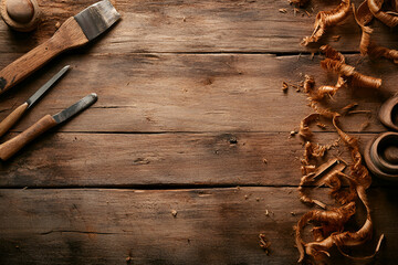 Rustic woodworking tools and shavings on weathered wooden plank background