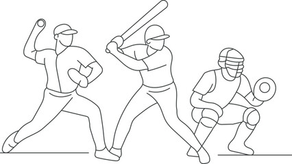 Minimalist line art vector of baseball players in dynamic action