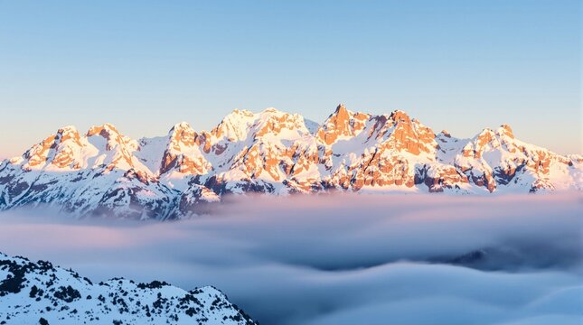 Stunning snow capped mountain range peaks kissed by sunrise light above the clouds - Powered by Adobe