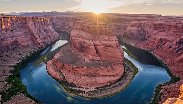 Horseshoe-shaped bend of the Colorado River viewed from a high cliff, showcasing natural erosion patterns