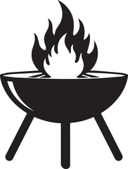 Stylized silhouette of a classic charcoal barbecue grill with vibrant flames erupting from the burning coals perfect for summer cookouts and outdoor dining
