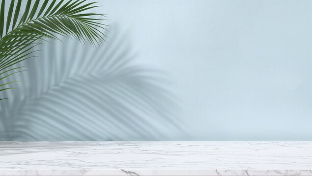 Minimal White Marble Table Edge with Palm Leaves Shadow on Soft Blue Concrete Wall, Ideal for Product Display and Mock up - Powered by Adobe