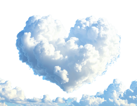 Fluffy White Heart Shaped Cloud on Clear Blue Sky, Isolated on Transparent Background 