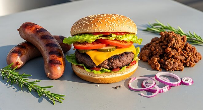 Delicious burger with sausages and sides on a table.