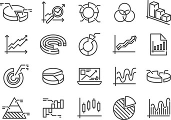 Analytics icons. Set of 20 analytics trendy minimal icons. Pie, Bar, Line, Graph, Dashboard icon. Design signs for web page mobile app packaging design. Vector illustration