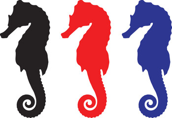 Three stylized seahorse silhouettes in black red and blue against a white background representing marine life and ocean creatures