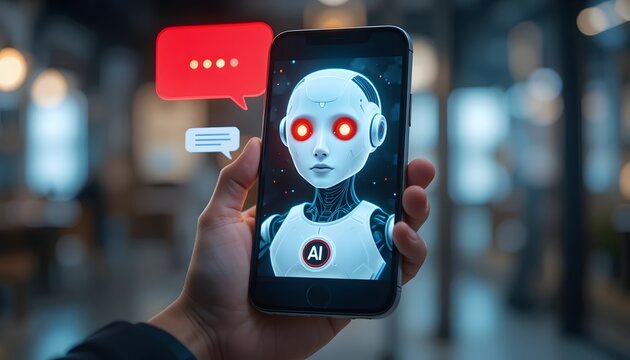 Engaging with intelligent AI chatbot on smartphone screen, symbolizing future communication and advanced technology interaction.