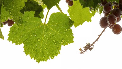 Fototapeta premium Grape leaves adorned with dew droplets following rainfall, showcasing freshness