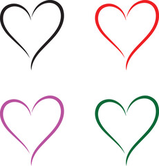 Four hand drawn heart shapes in different colors black red pink and green representing love romance and affection on a white background