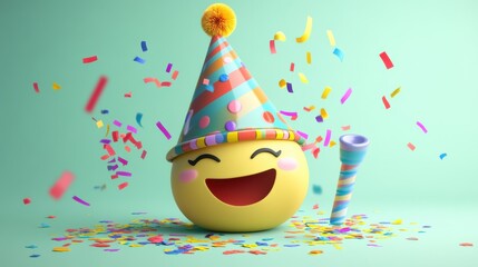 A cheerful yellow emoji wearing a party hat, surrounded by colorful confetti and a party horn, celebrating joyfully