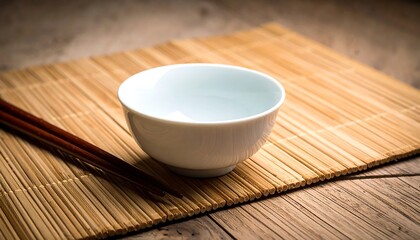 Simple shot White bowl sits upon bamboo mat next to chopsticks, woodgrain backdrop