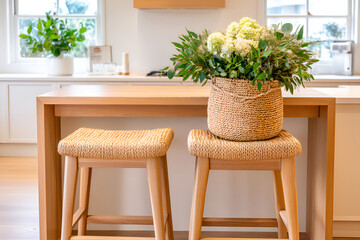 Cozy kitchen interior with woven bar stools and lush floral arrangement for home decor inspiration