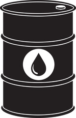 A black metal oil drum with a white circular emblem featuring a black oil drop symbol indicating the storage and transportation of crude oil and petroleum products